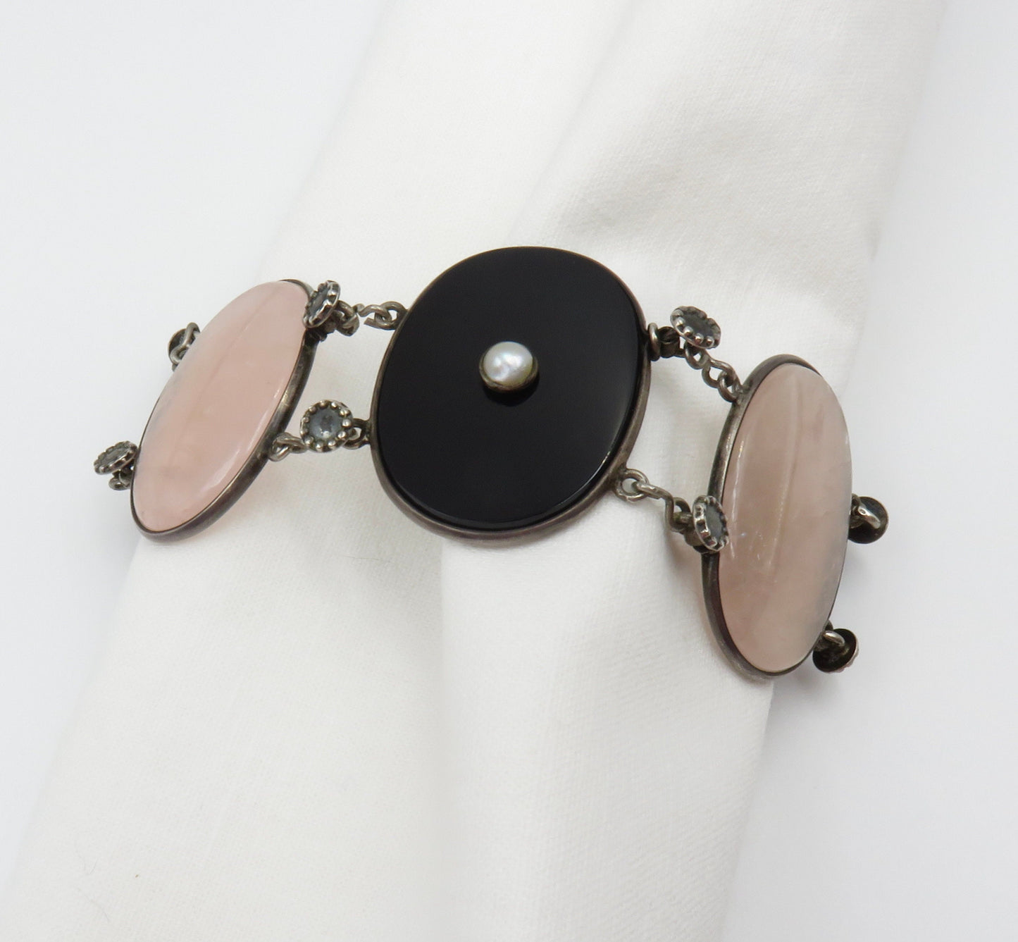 Circa 1930 Rose Quartz, Onyx and Pearl Link Bracelet