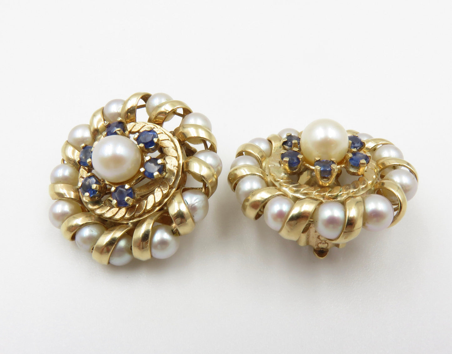 Circa 1950's 14kt Cultured Pearl and Sapphire Earrings