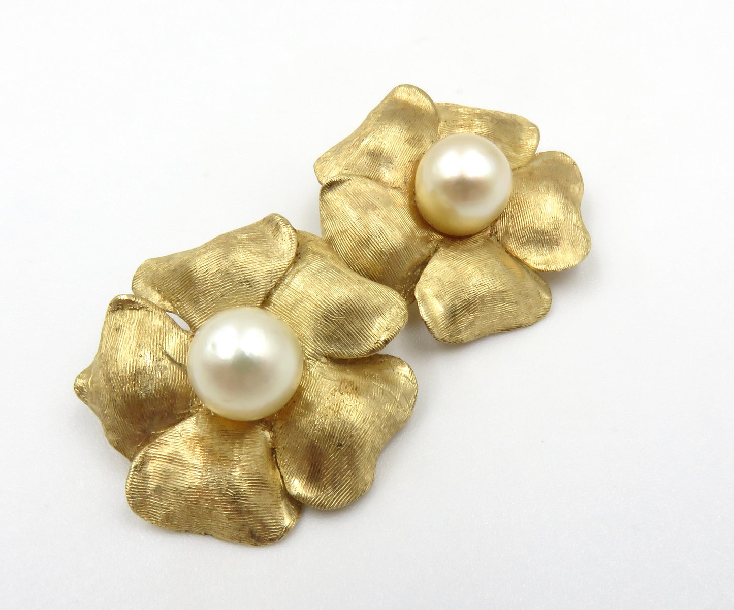 Circa 1960's 14kt Gold and Pearl Flower Earrings