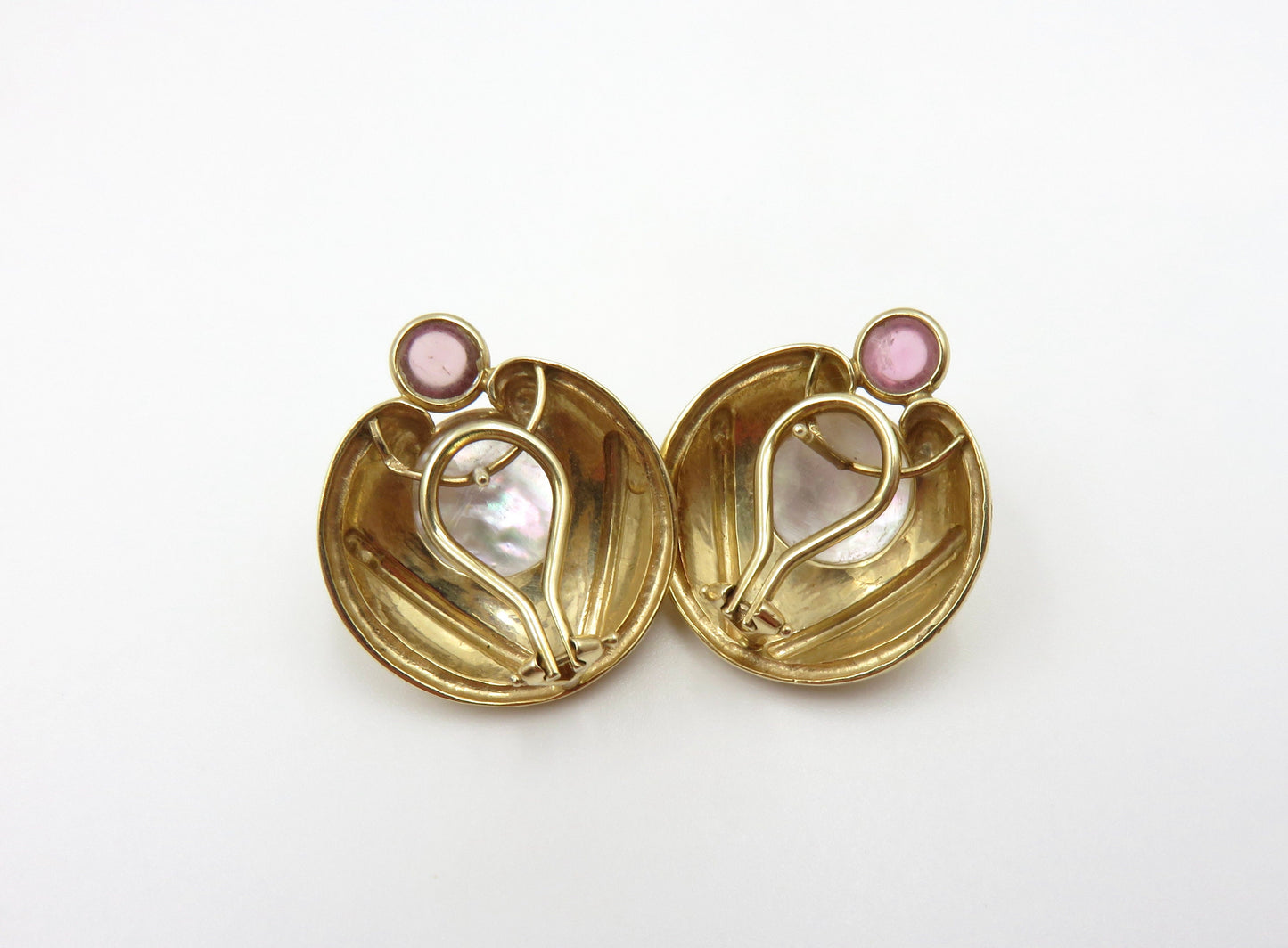 Mabe Pearl and Rose Quartz Earrings in 14kt Gold