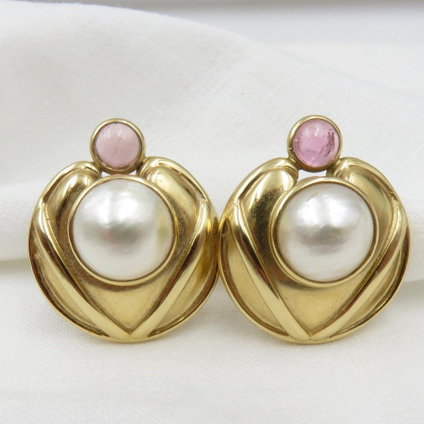 Mabe Pearl and Rose Quartz Earrings in 14kt Gold