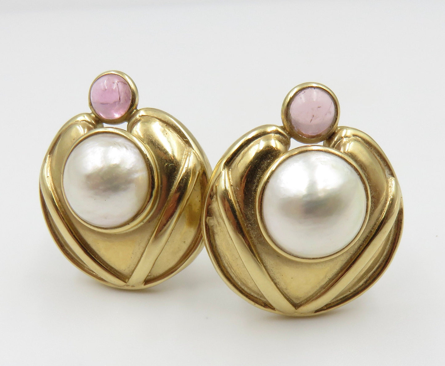 Mabe Pearl and Rose Quartz Earrings in 14kt Gold