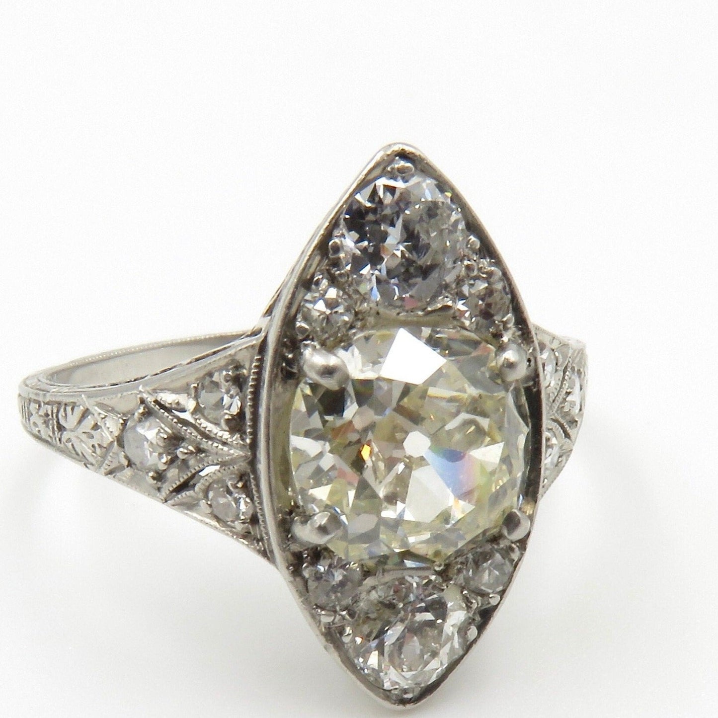 Circa 1915 Edwardian platinum and diamond ring set with GIA cert. 1.52 carat Old Mine Cut Diamond