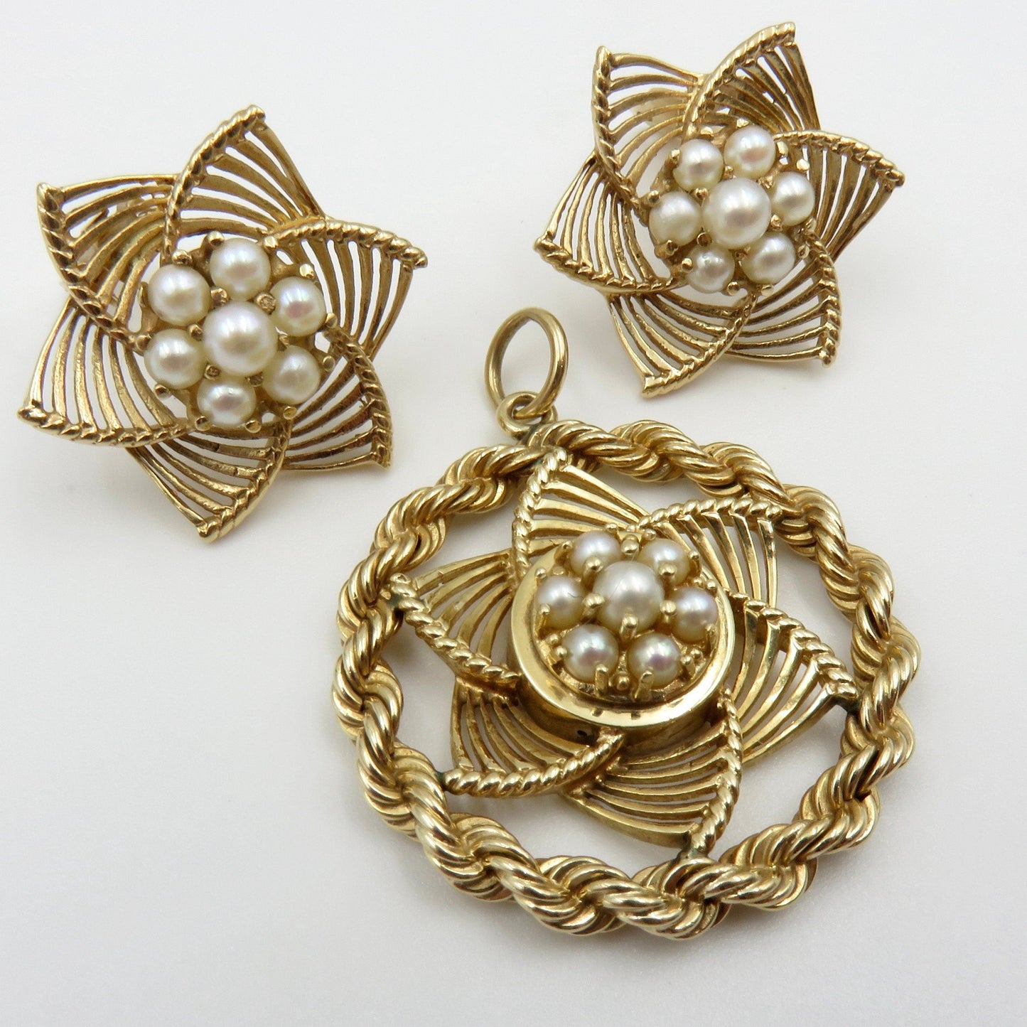 Circa 1950 14kt Gold and Pearl Pendant and Earring Set