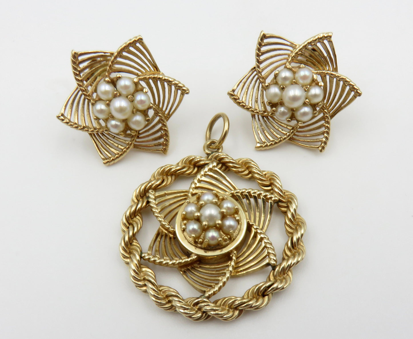 Circa 1950 14kt Gold and Pearl Pendant and Earring Set