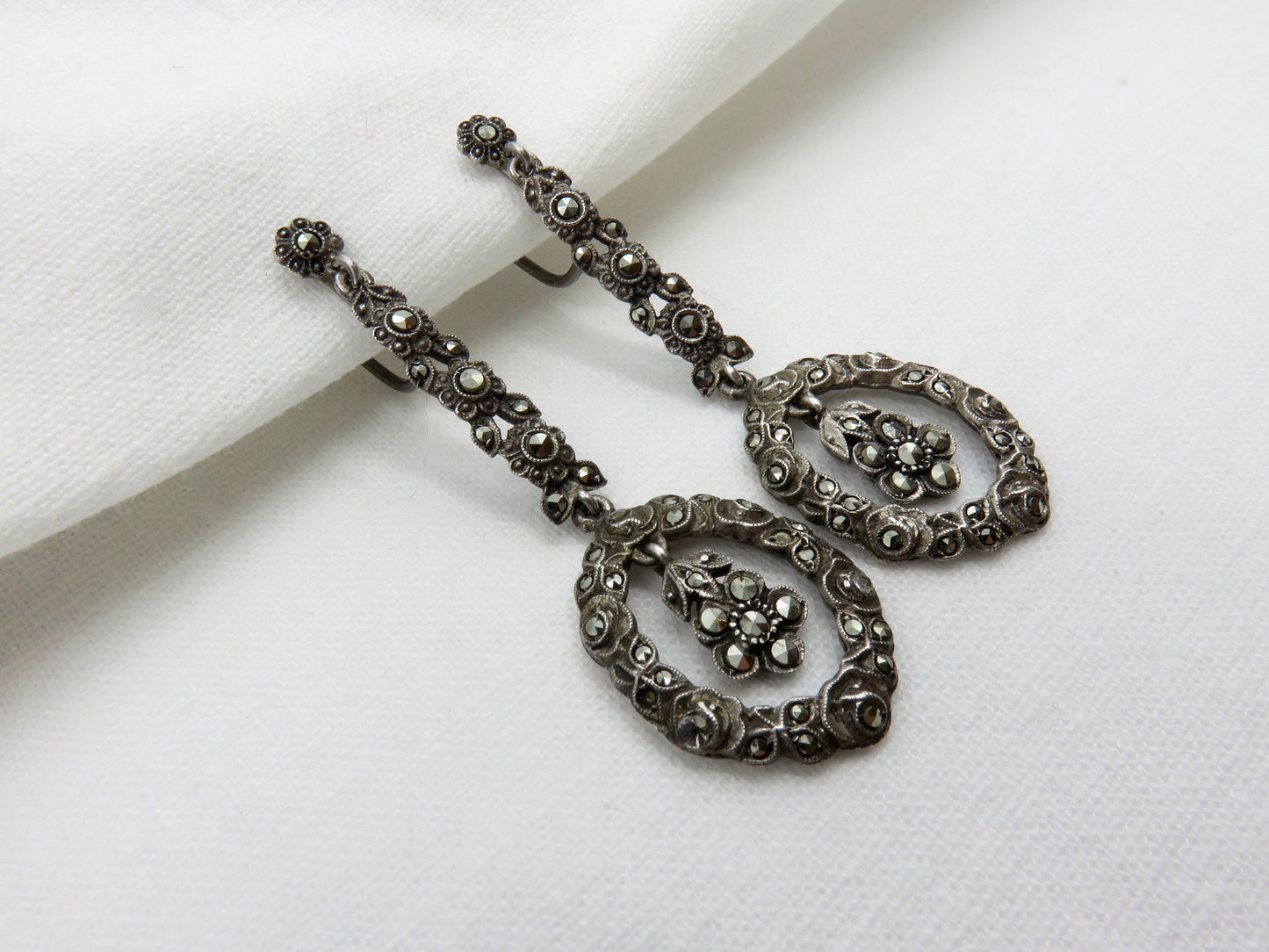 Circa 1930. Sterling Silver and Marcasite Flower Earrings. Made in Germany