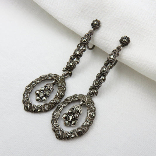 Circa 1930. Sterling Silver and Marcasite Flower Earrings. Made in Germany