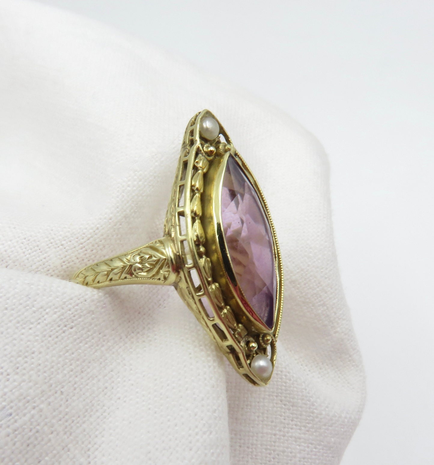 Circa 1900 Amethyst and Pearl Ring set in 14kt Gold