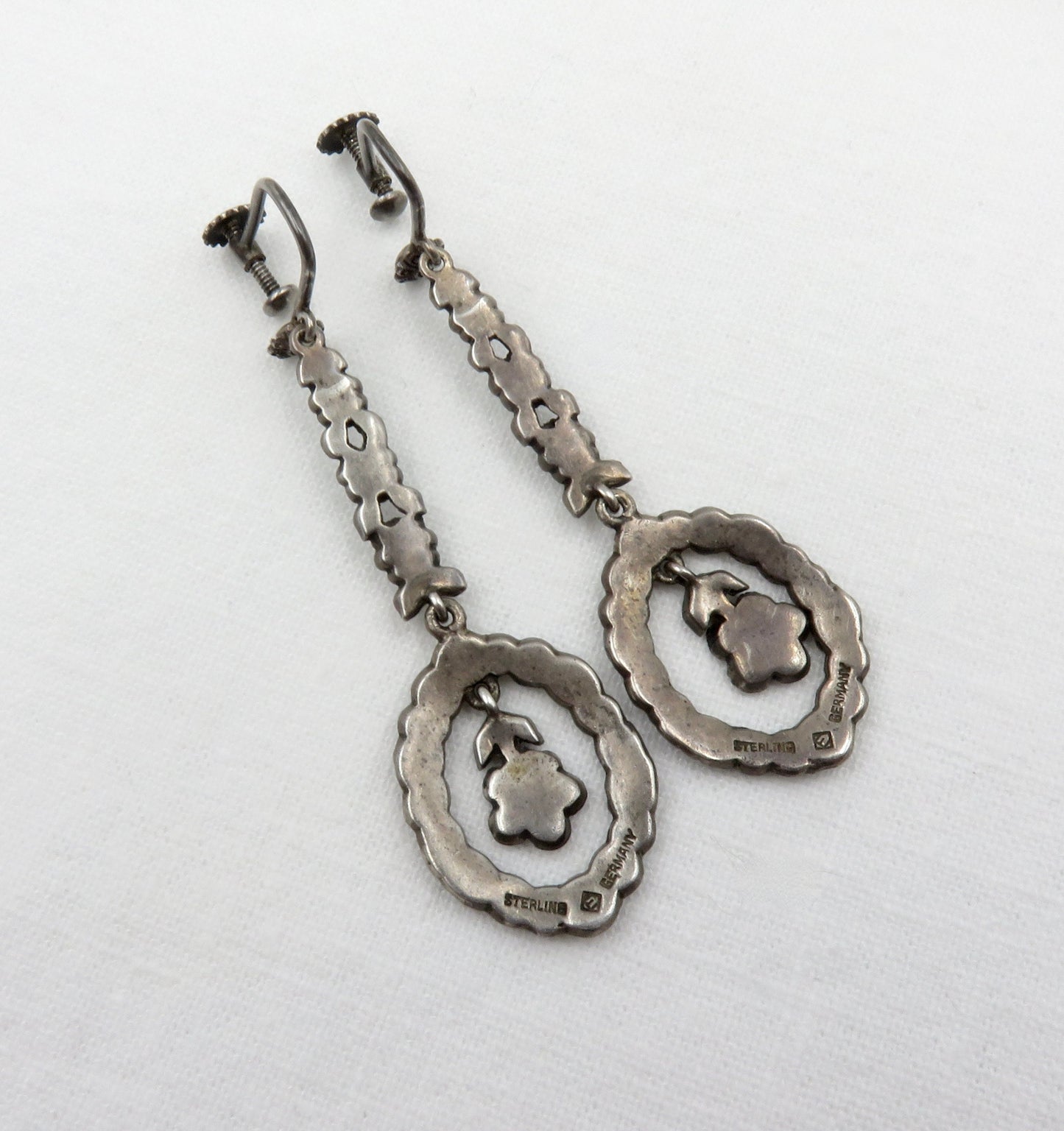 Circa 1930. Sterling Silver and Marcasite Flower Earrings. Made in Germany