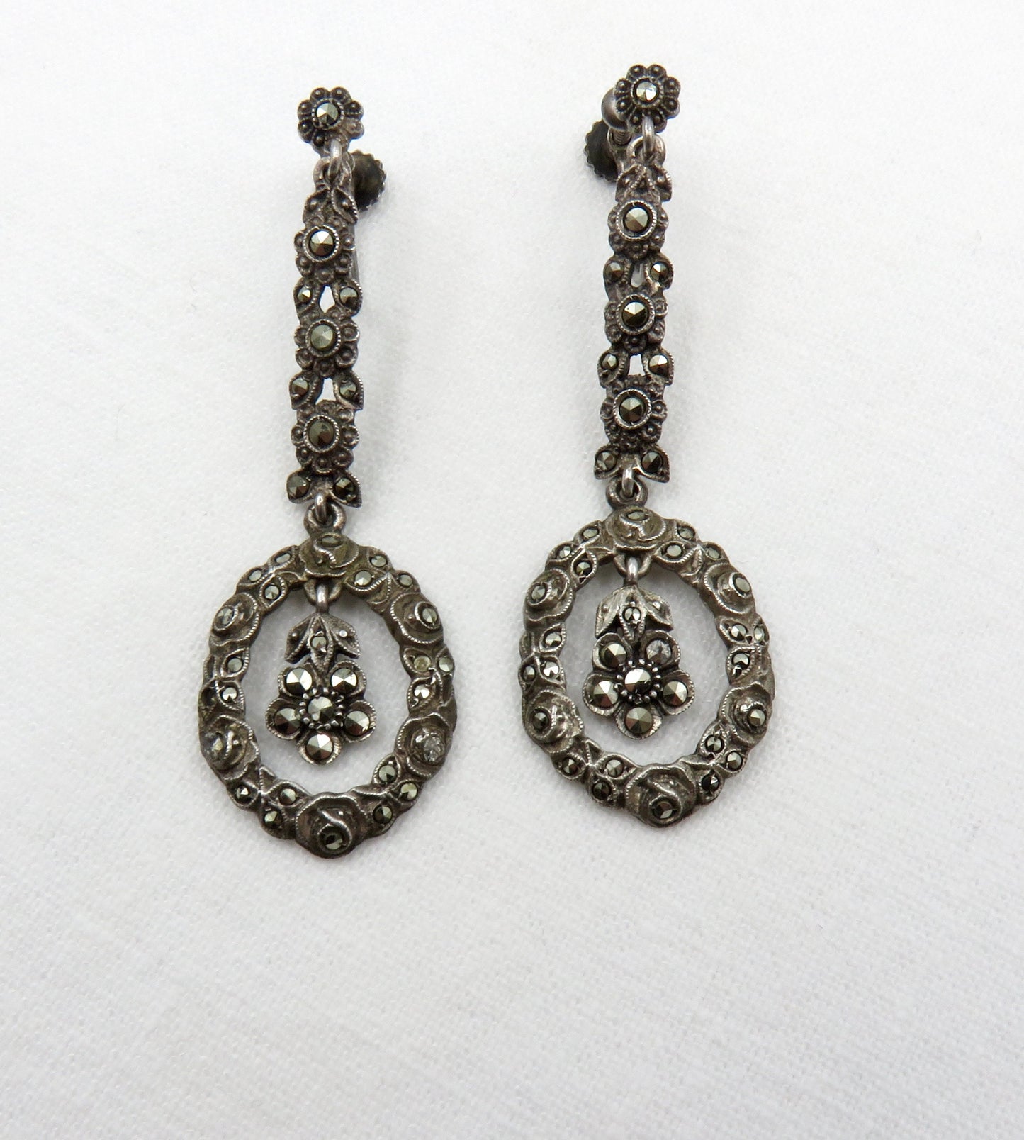 Circa 1930. Sterling Silver and Marcasite Flower Earrings. Made in Germany