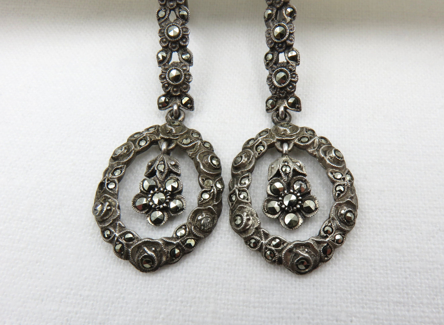 Circa 1930. Sterling Silver and Marcasite Flower Earrings. Made in Germany