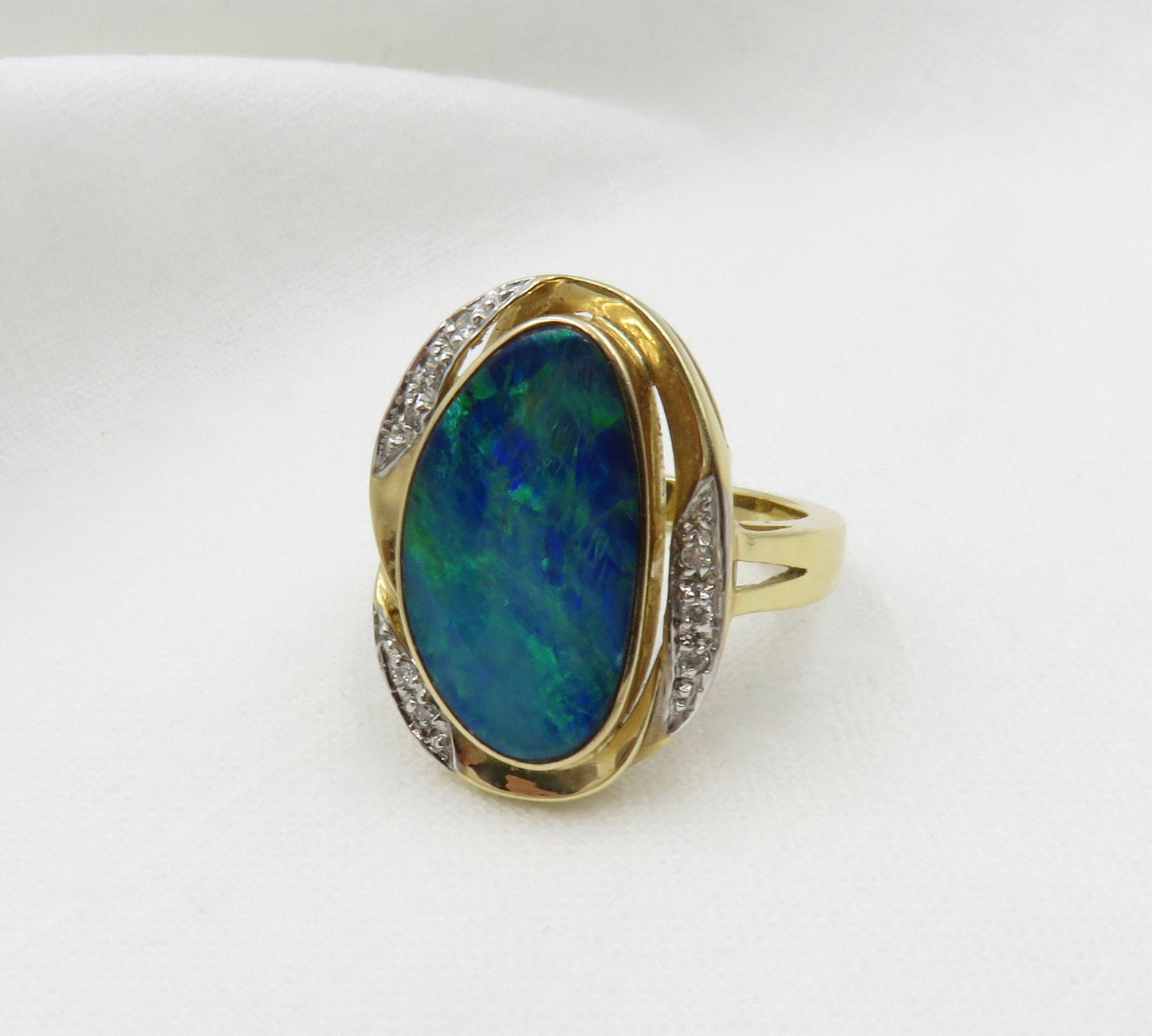 Estate 14kt Gold Black Opal Doublet and Diamond Ring