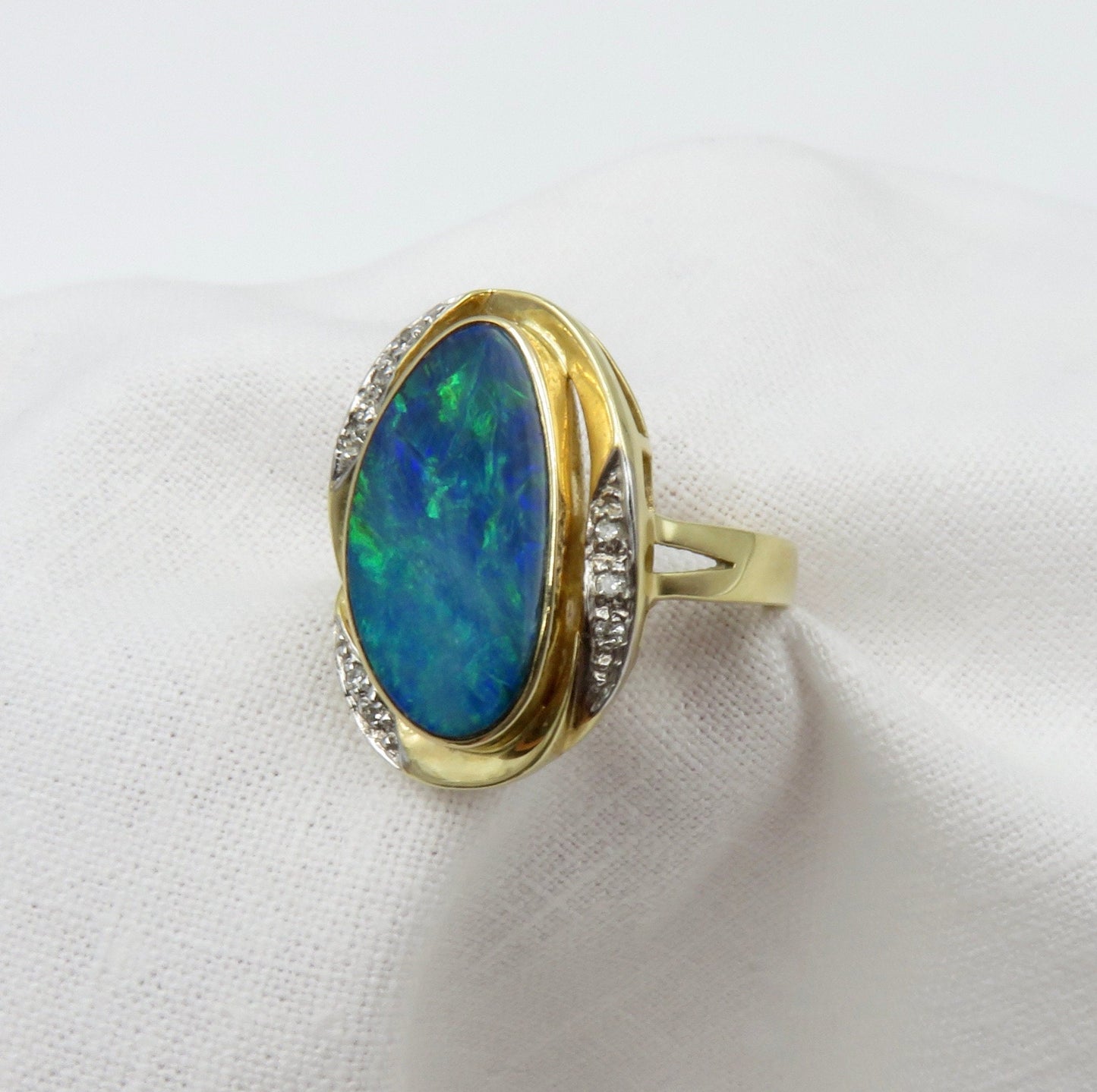 Estate 14kt Gold Black Opal Doublet and Diamond Ring