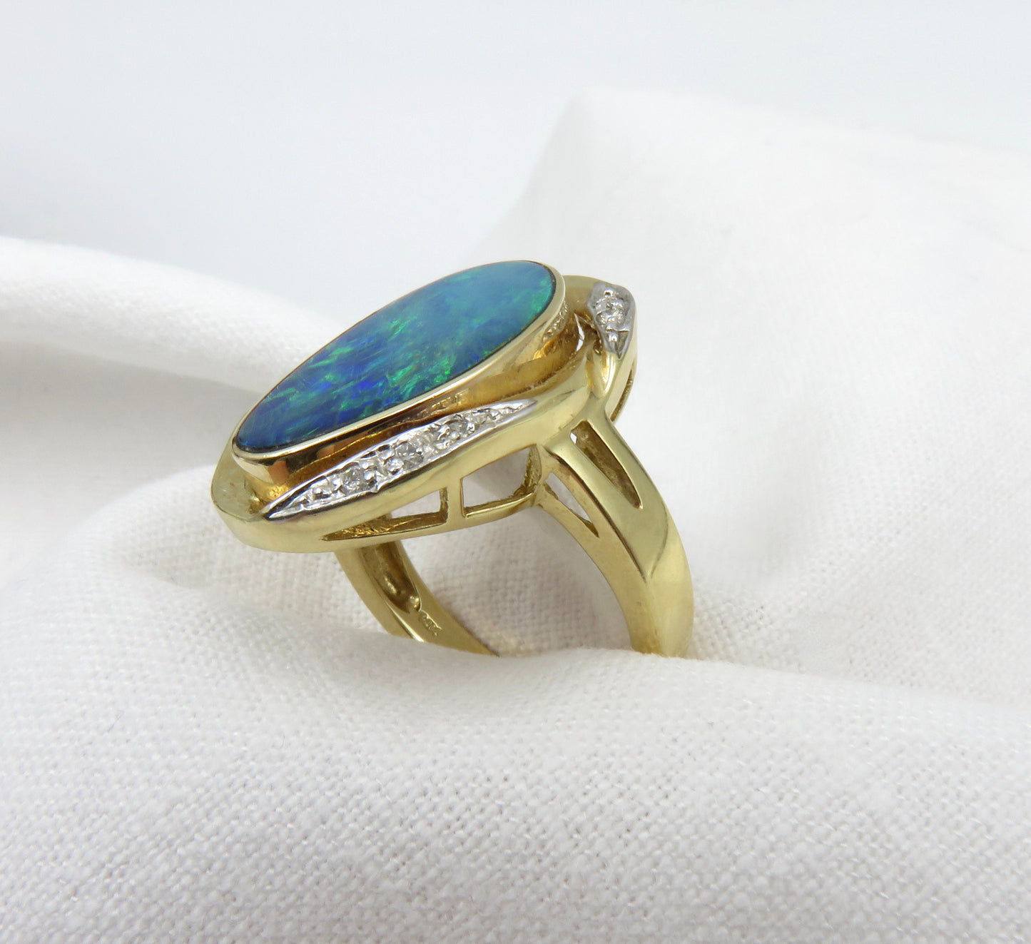 Estate 14kt Gold Black Opal Doublet and Diamond Ring