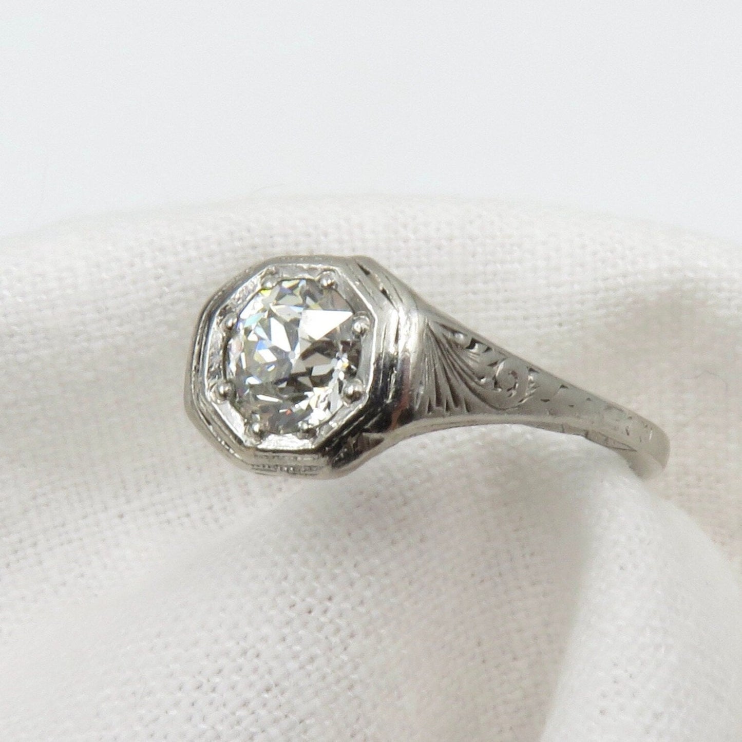 Circa 1920's Platinum Engagement Ring set with 0.83 CT VS1 Old European Cut Diamond