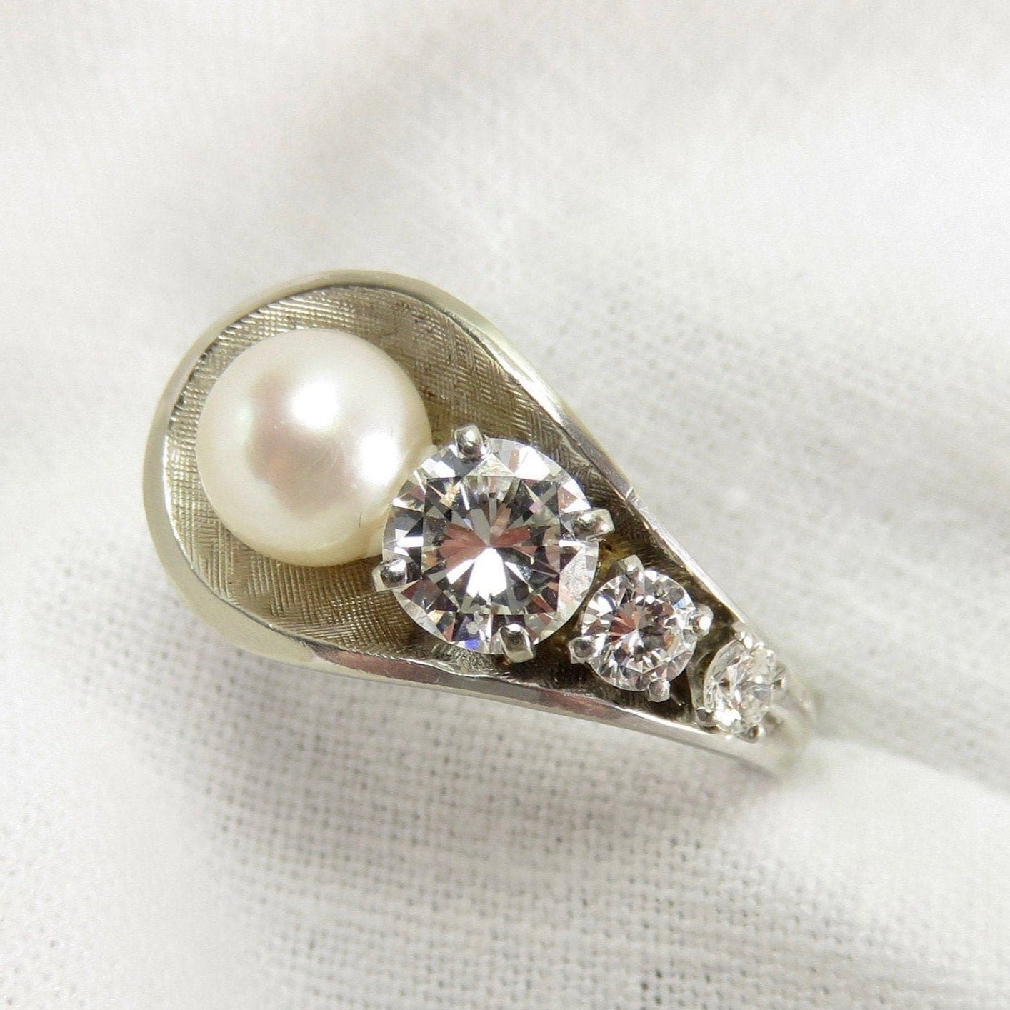 Circa 1950. Pearl and Diamond 14kt White Gold Ring