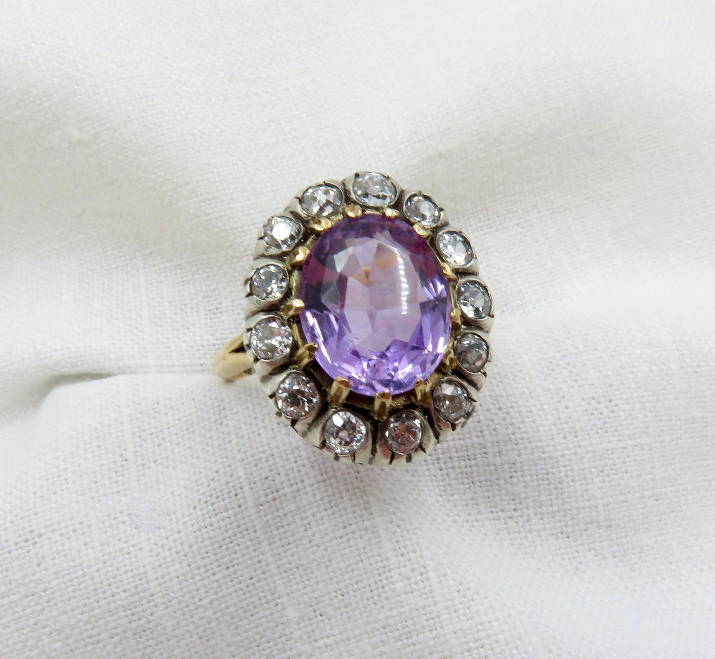 Circa 1900 Amethyst and Old European Cut Diamond Ring with Old Russian Gold Standard Mark