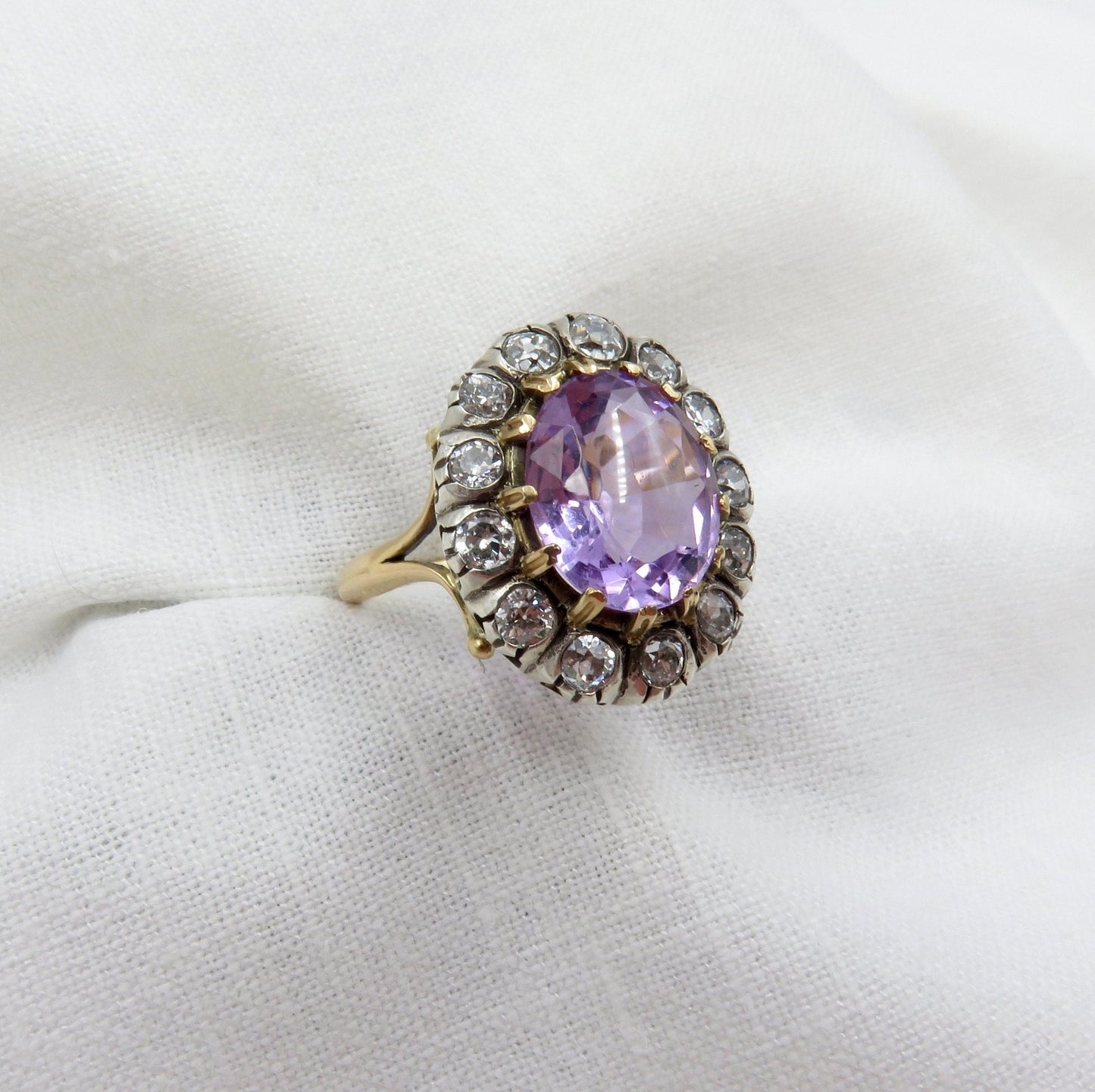 Circa 1900 Amethyst and Old European Cut Diamond Ring with Old Russian Gold Standard Mark