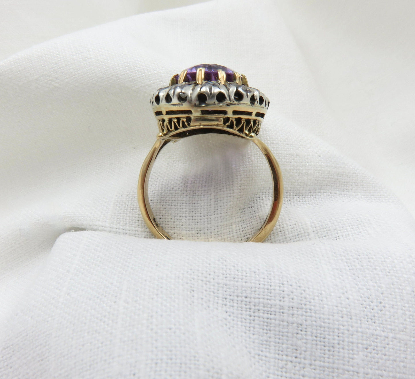 Circa 1900 Amethyst and Old European Cut Diamond Ring with Old Russian Gold Standard Mark