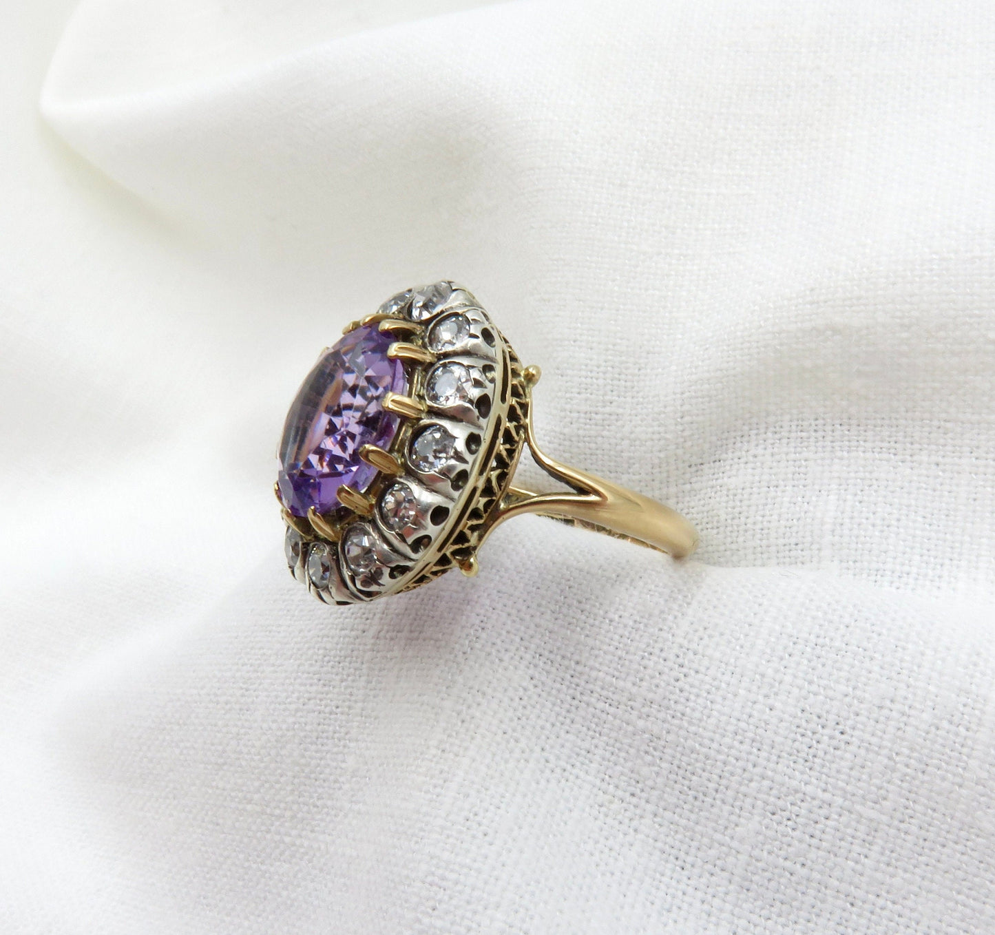 Circa 1900 Amethyst and Old European Cut Diamond Ring with Old Russian Gold Standard Mark