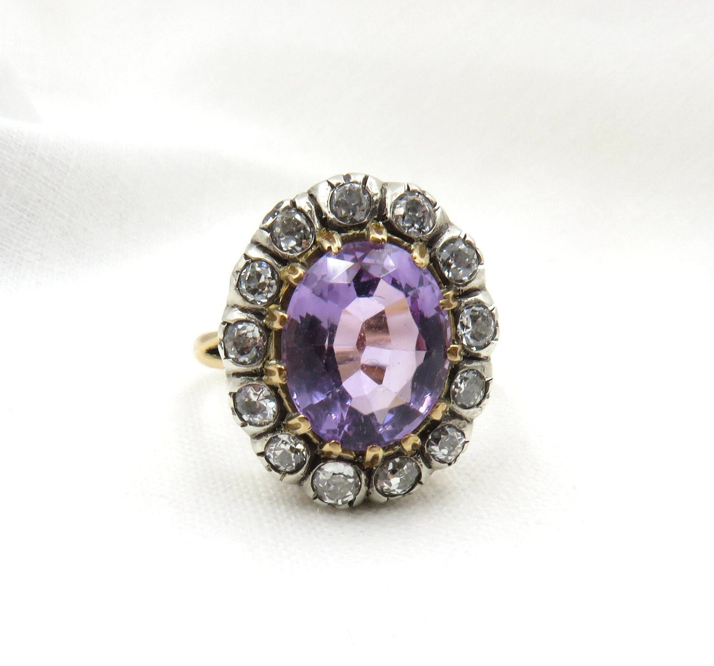 Circa 1900 Amethyst and Old European Cut Diamond Ring with Old Russian Gold Standard Mark