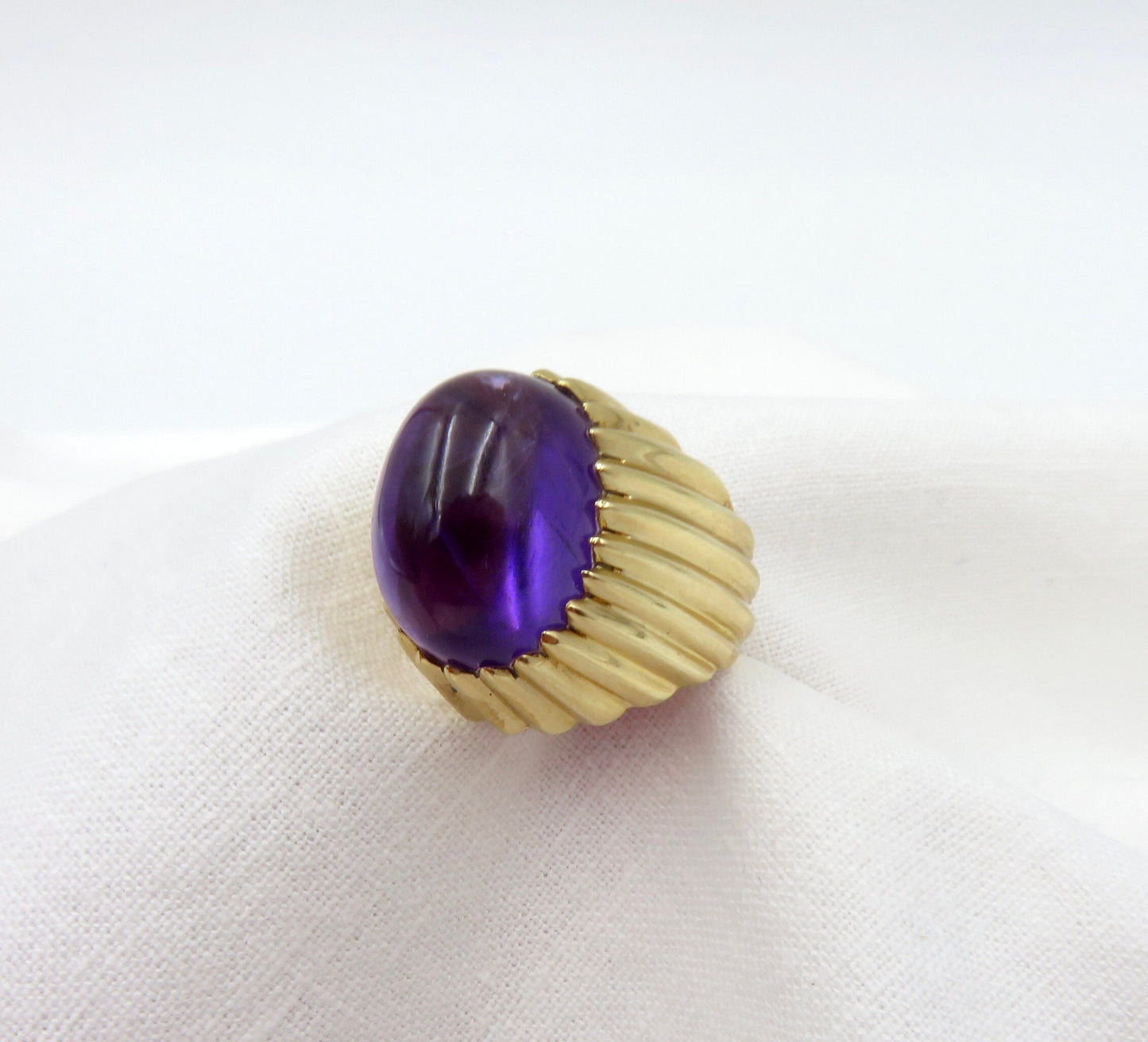 Circa 1970's Oval Cabochon Amethyst Ring In 14KT Yellow Gold Mounting