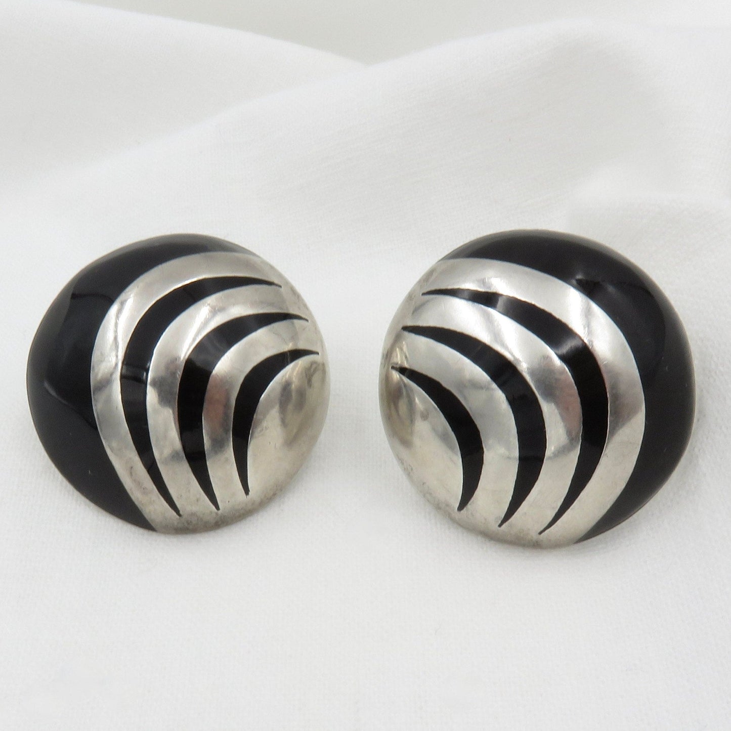 Circa 1970's Made in Mexico Sterling and Onyx Inlay Earrings
