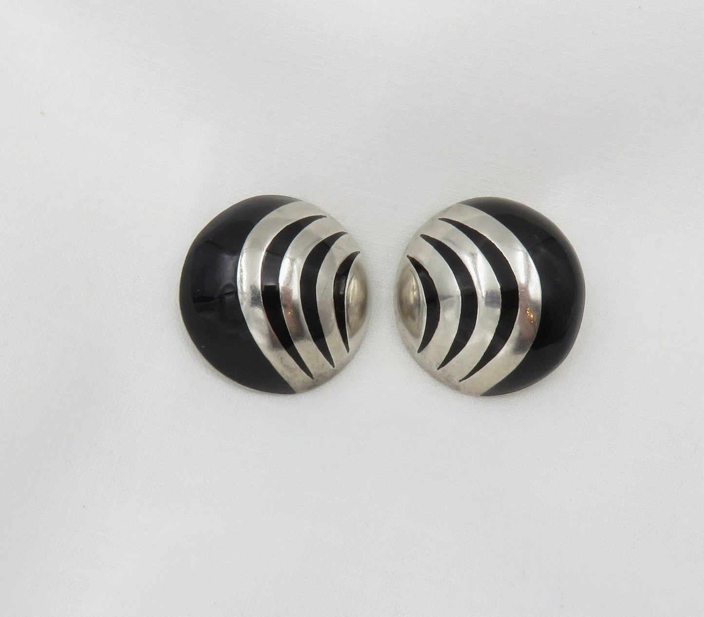 Circa 1970's Made in Mexico Sterling and Onyx Inlay Earrings
