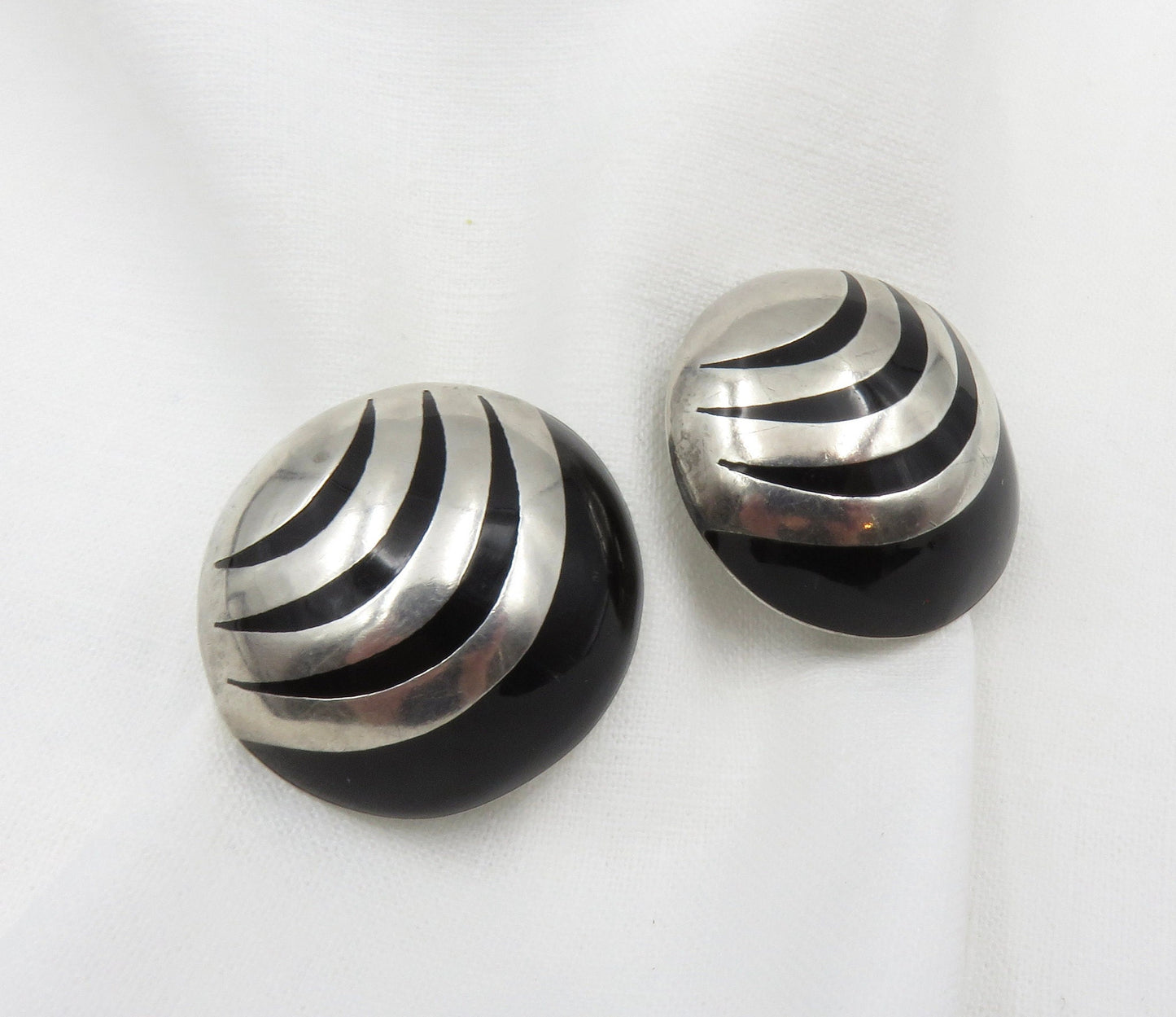 Circa 1970's Made in Mexico Sterling and Onyx Inlay Earrings