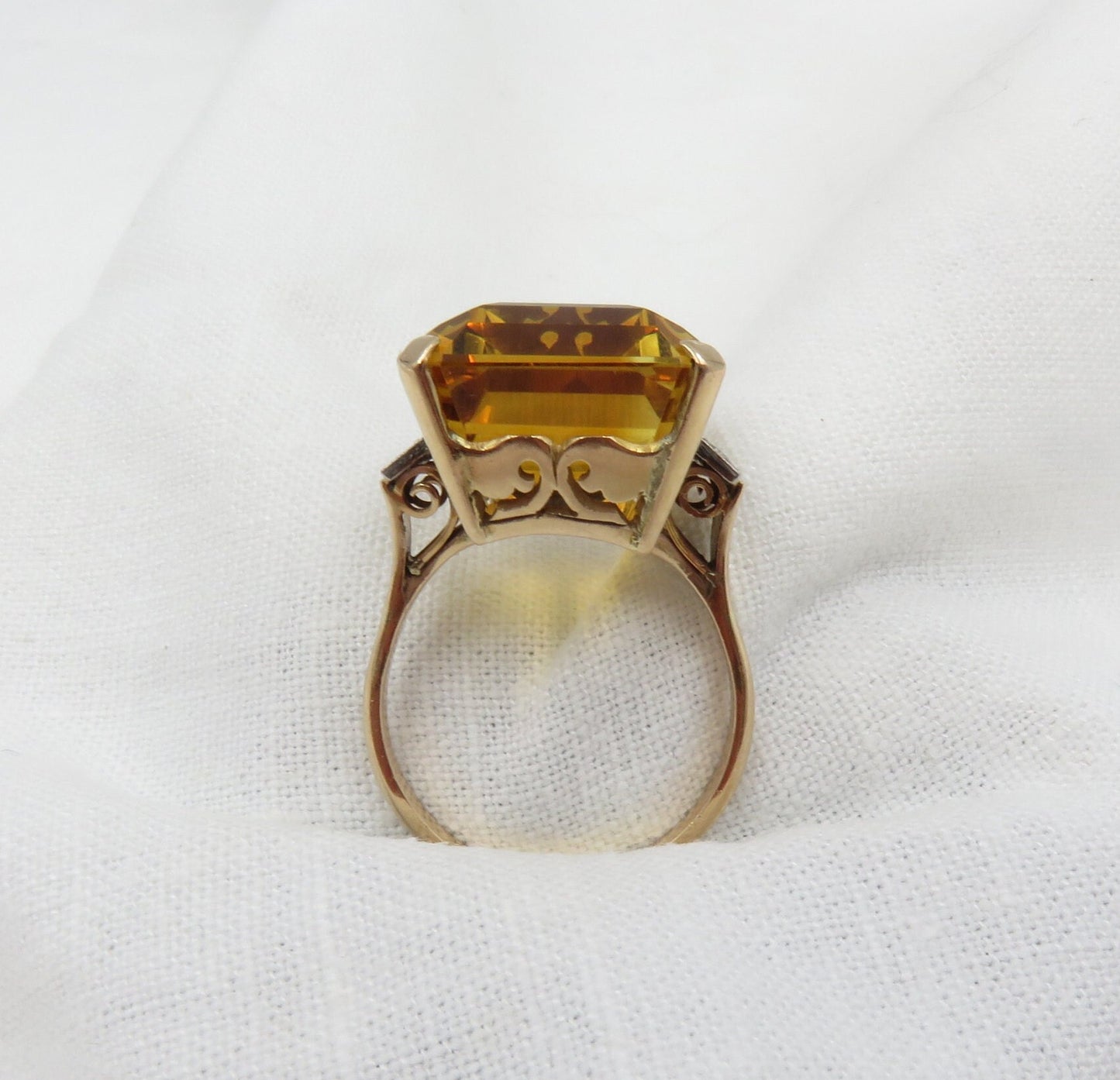 Circa 1940 Retro Era Ring; 22 carat Emerald Cut Natural Citrine Set In 14kt Gold