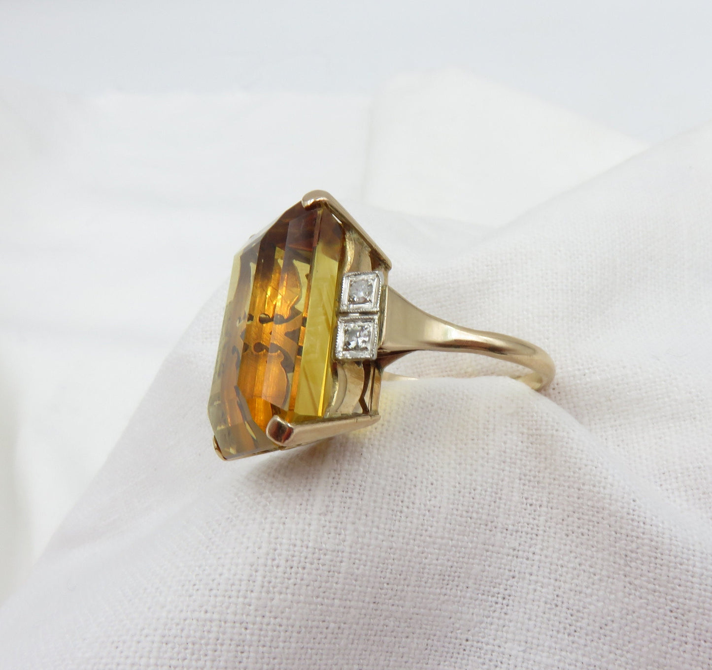 Circa 1940 Retro Era Ring; 22 carat Emerald Cut Natural Citrine Set In 14kt Gold