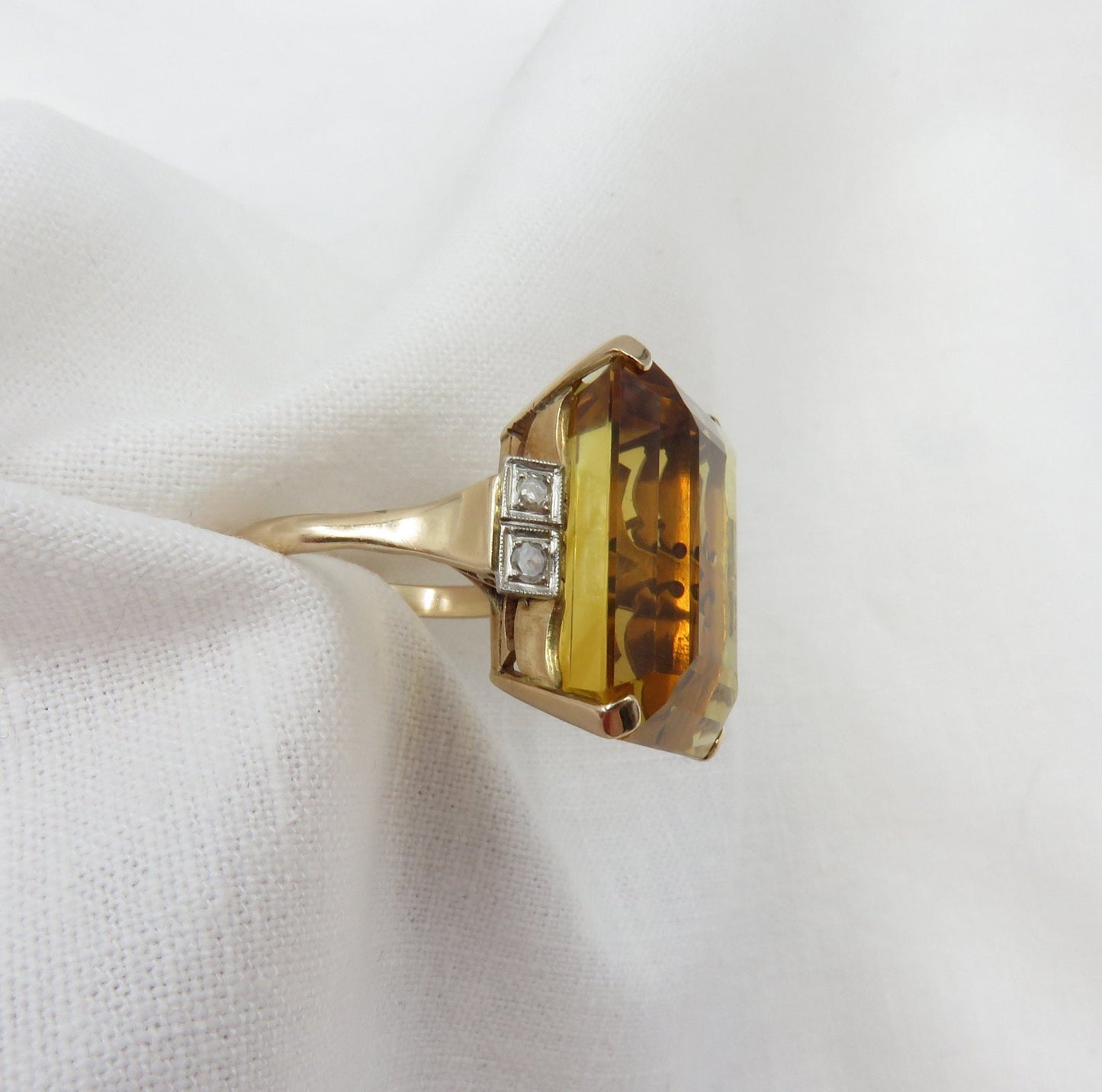 Circa 1940 Retro Era Ring; 22 carat Emerald Cut Natural Citrine Set In 14kt Gold