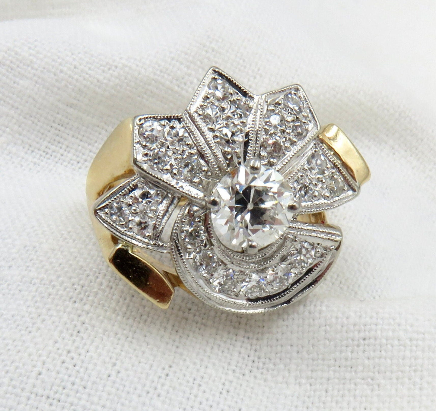 14kt Gold Retro Era Ring Featuring A 0.75ctw Old European Cut Diamond.