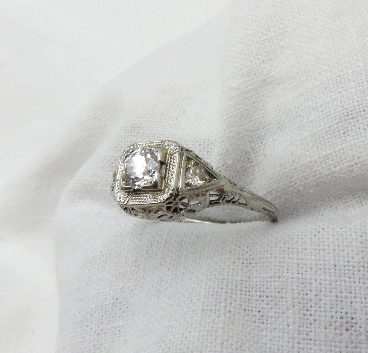 Circa 1930. 18kt White Gold Engagement ring featuring an Old European Cut diamond