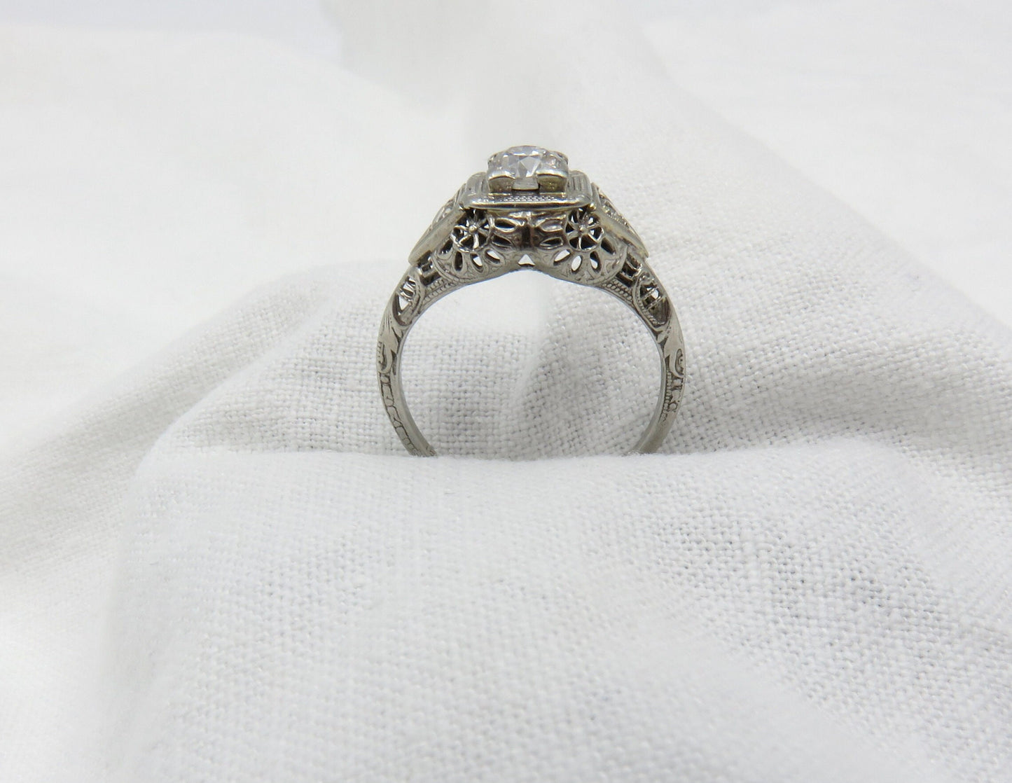 Circa 1930. 18kt White Gold Engagement ring featuring an Old European Cut diamond