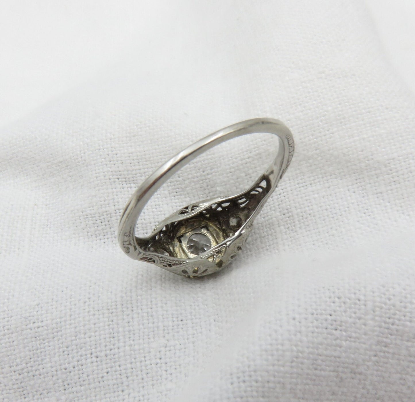 Circa 1930. 18kt White Gold Engagement ring featuring an Old European Cut diamond