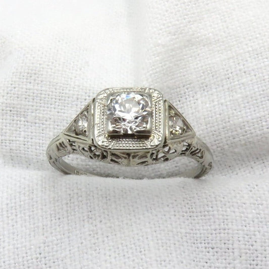 Circa 1930. 18kt White Gold Engagement ring featuring an Old European Cut diamond