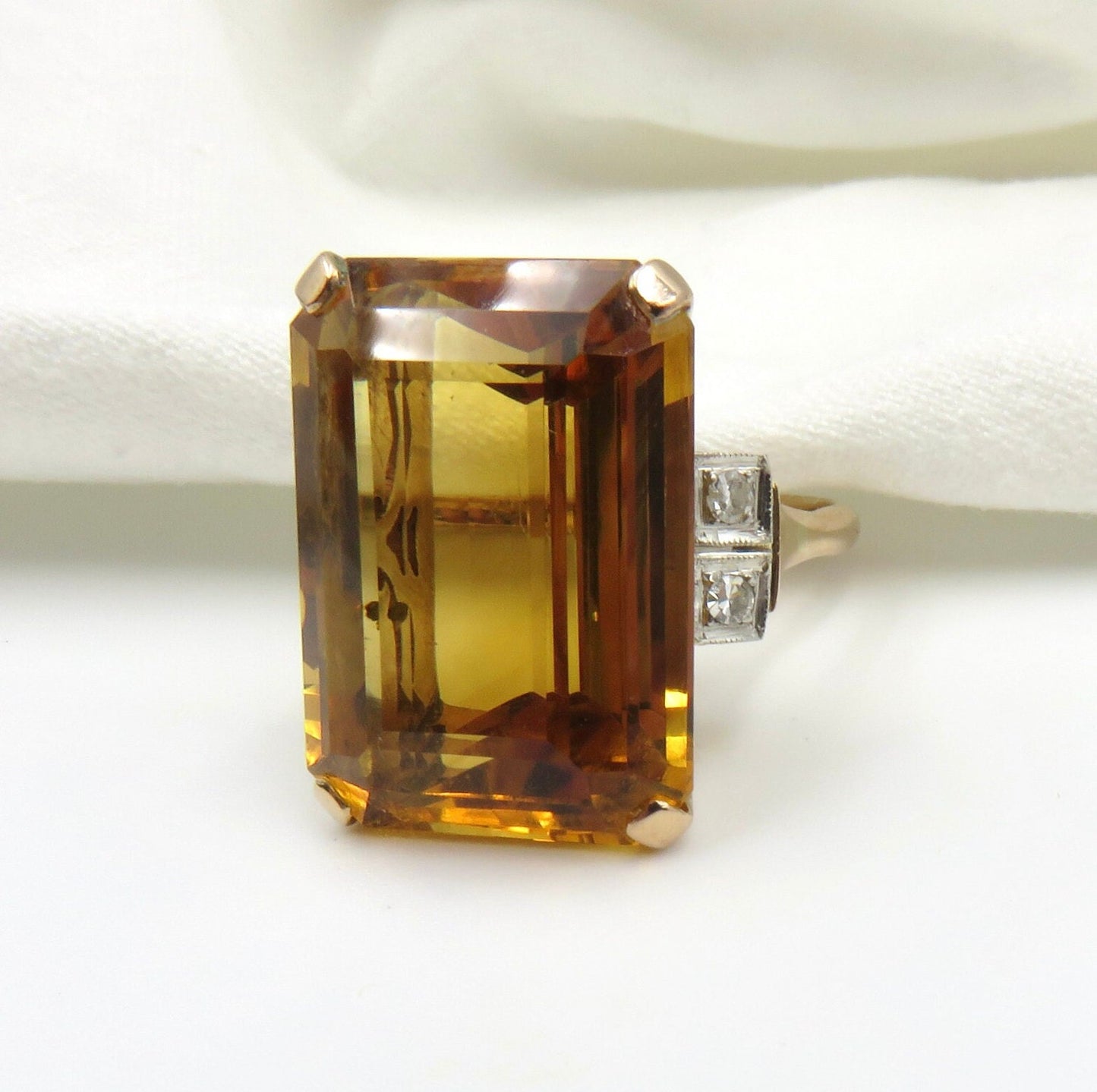 Circa 1940 Retro Era Ring; 22 carat Emerald Cut Natural Citrine Set In 14kt Gold