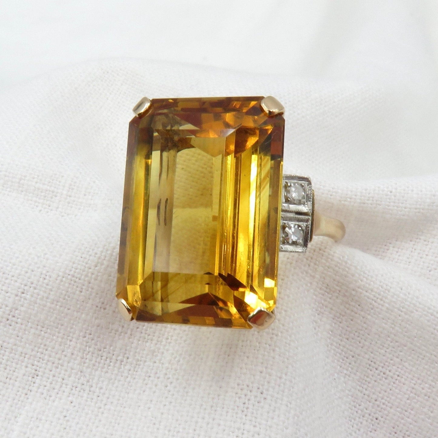 Circa 1940 Retro Era Ring; 22 carat Emerald Cut Natural Citrine Set In 14kt Gold