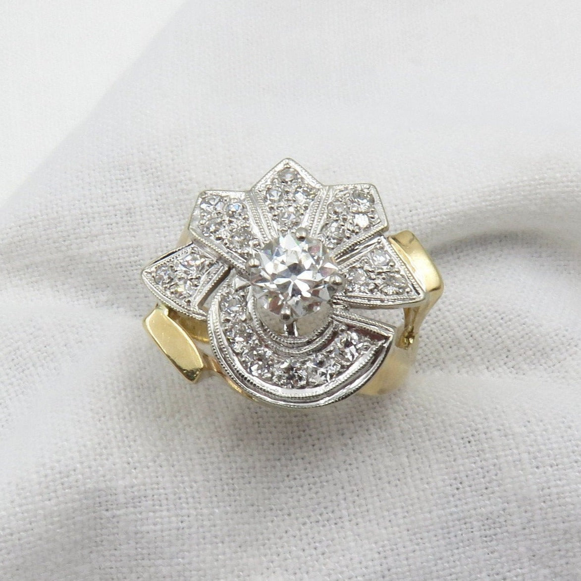 14kt Gold Retro Era Ring Featuring A 0.75ctw Old European Cut Diamond.