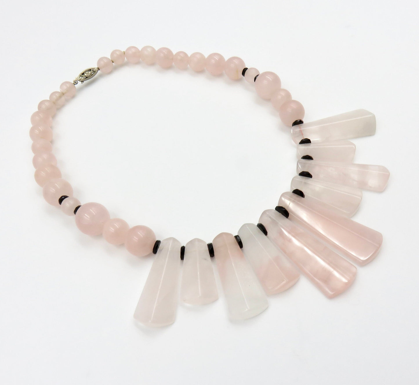 Circa 1930 Art Deco Rose Quartz and Onyx Necklace