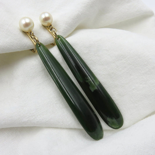 Mid Century Nephrite Jade and Cultured Pearl Drop Earrings