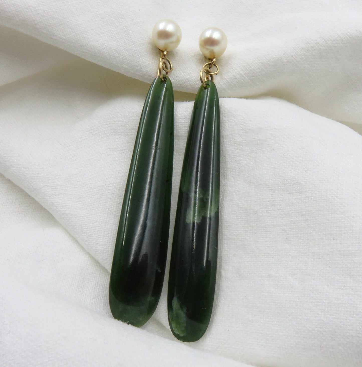 Mid Century Nephrite Jade and Cultured Pearl Drop Earrings