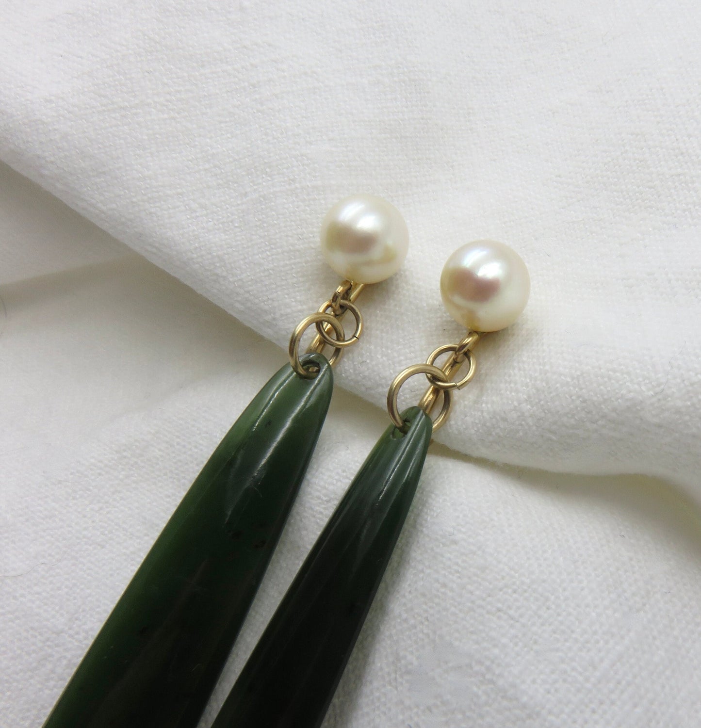 Mid Century Nephrite Jade and Cultured Pearl Drop Earrings