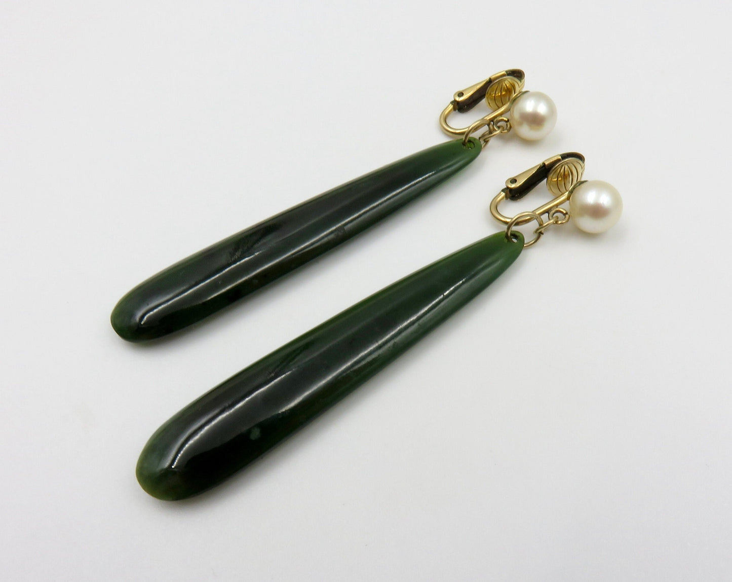 Mid Century Nephrite Jade and Cultured Pearl Drop Earrings