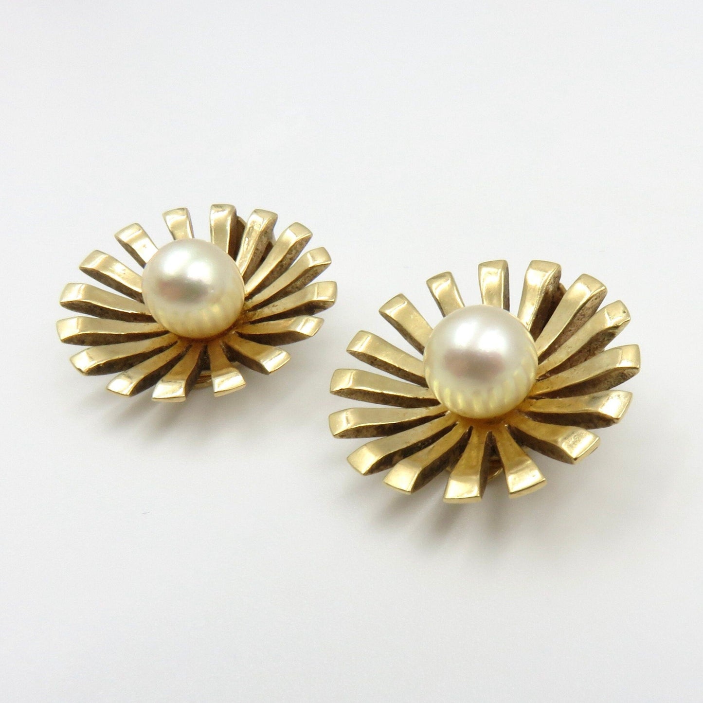 Mid Century 14kt Gold Starburst and Cultured Pearl Earrings