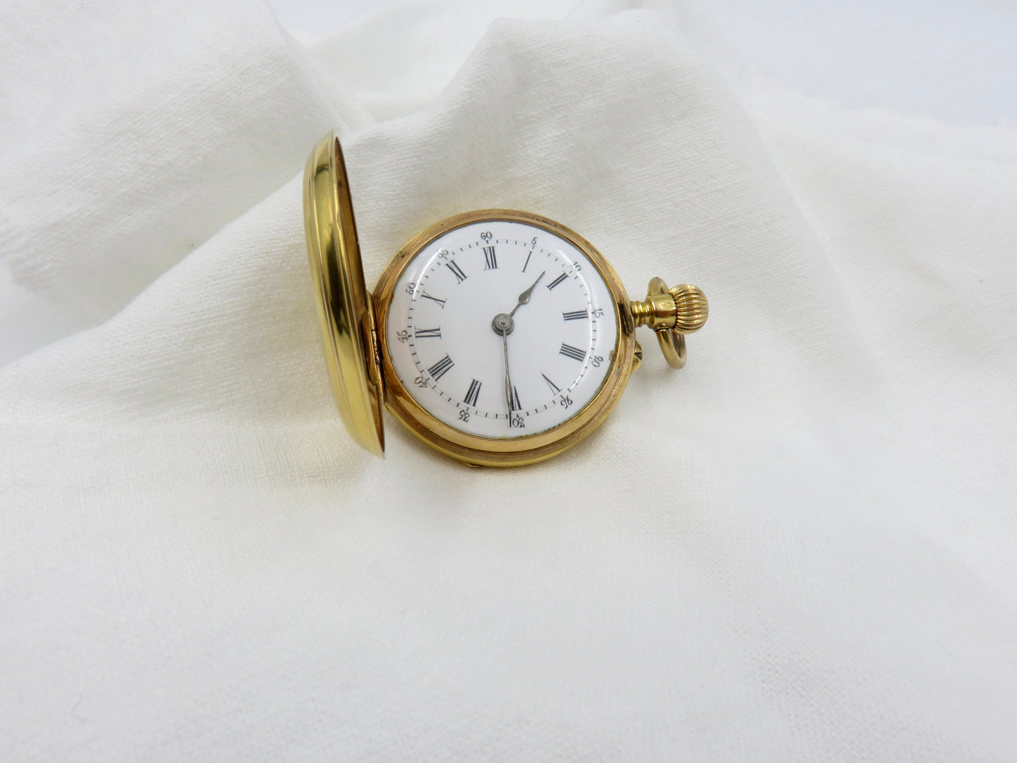 Circa 1900. 18kt Yellow Gold Pocket Watch With Enameled Butterfly and Rose Cut Diamonds