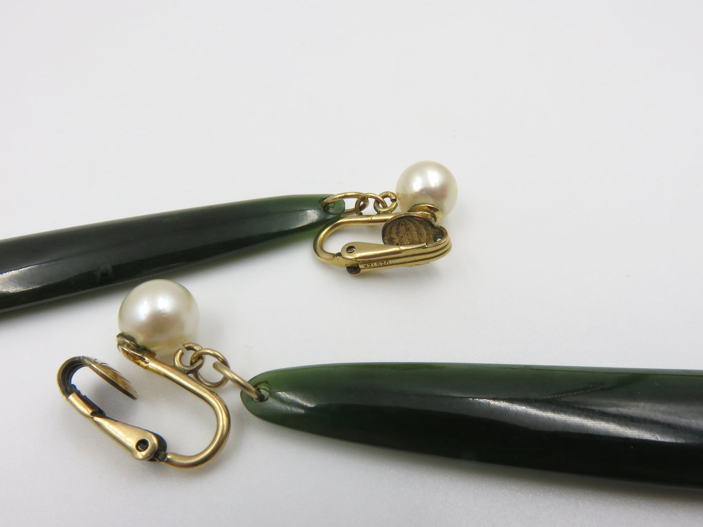 Mid Century Nephrite Jade and Cultured Pearl Drop Earrings