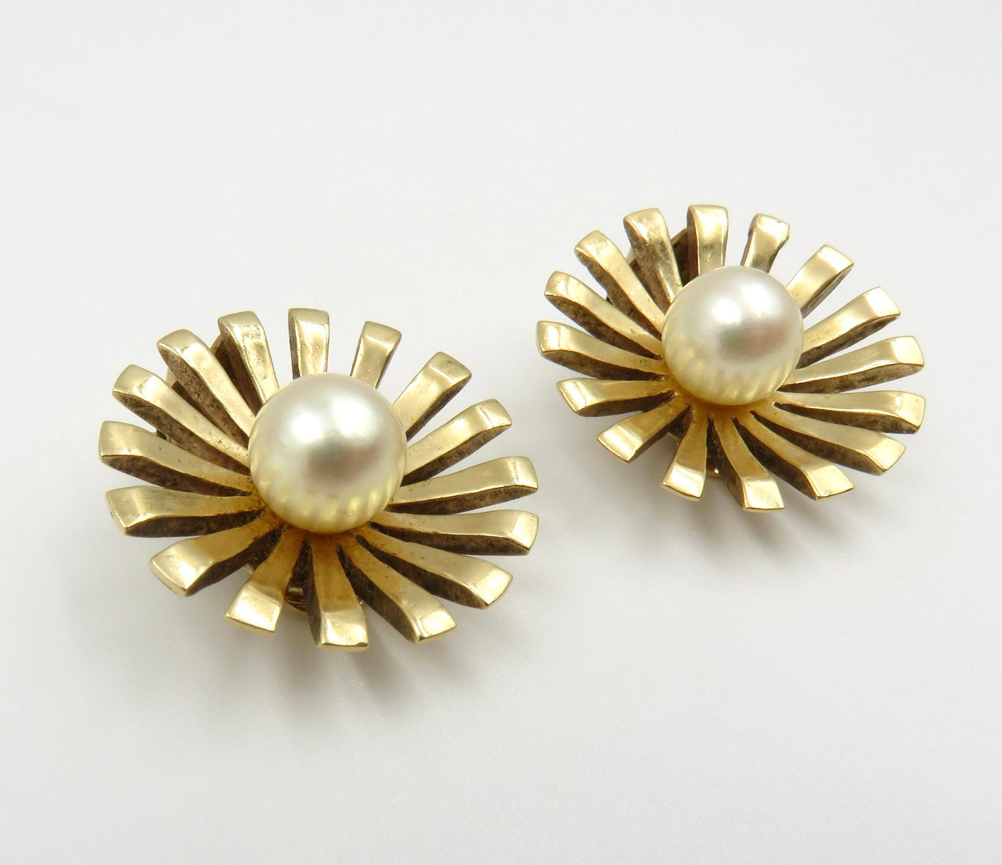 Mid Century 14kt Gold Starburst and Cultured Pearl Earrings