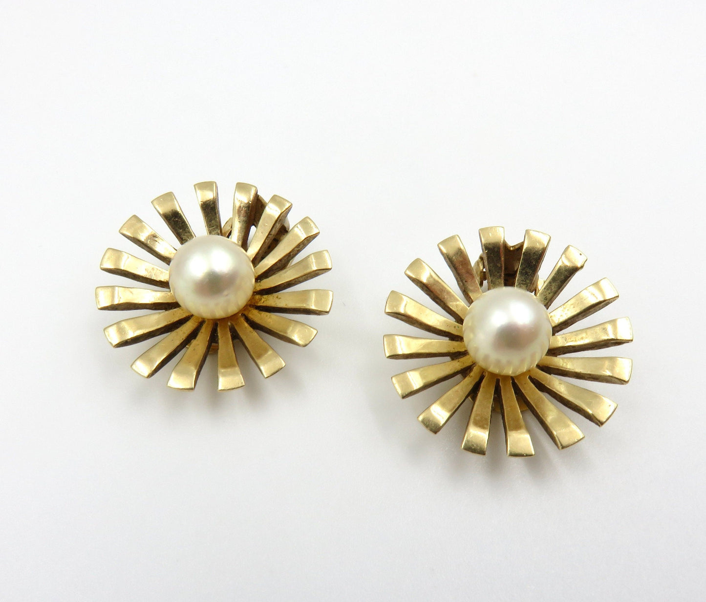 Mid Century 14kt Gold Starburst and Cultured Pearl Earrings